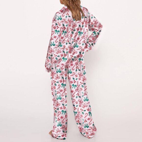 Satin Silk Pajama Set Button Up Shirt Pants Women's Sleepwear - Picture 3 of 4